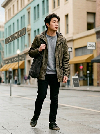 East Asian young adult standing on a sidewalk, looking into the distance