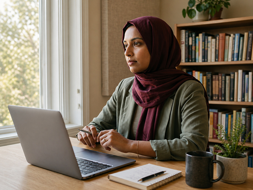 South Asian professional seated at a desk, looking reflective