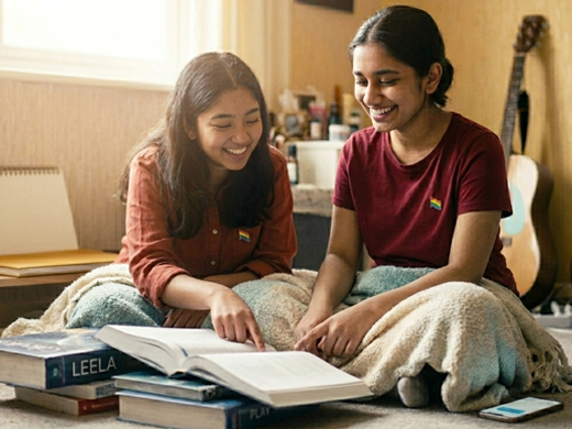 South Asian teenager at a study desk, looking sideways, quietly exhausted