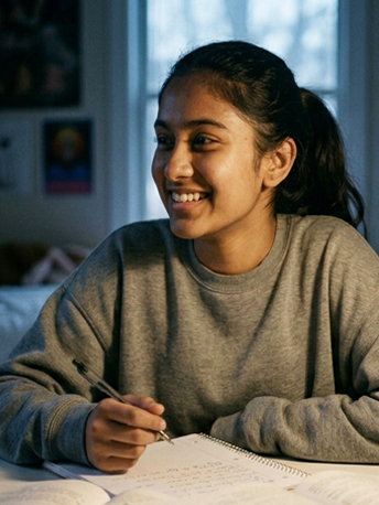 South Asian teenage girl at a study desk with textbooks, looking sideways