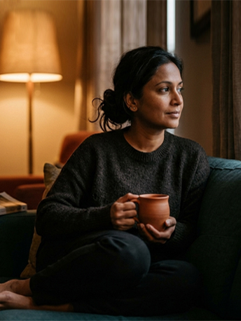 South Asian woman seated at home, holding a mug, looking reflective