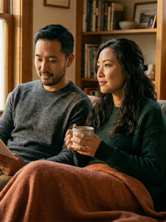 A South Asian couple in their mid-40s on a sofa together, both facing the same direction, shoulders touching. He is reading. She has her legs tucked up, a mug in her hands. They are not talking but the silence is good — the kind that does not need to be filled. There is ease and relief in the stillness. Warm afternoon light through a window. A home that feels settled. The particular peace of having come through something.