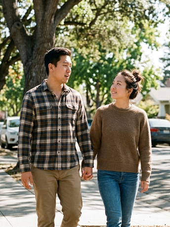 An East Asian couple in their late 20s to early 30s walking together in a sunny Bay Area neighborhood — a tree-lined street, Saturday morning feel. He is saying something and she is listening with full attention, a small smile starting. Their hands are loosely linked. Neither is looking at a phone. The ease between them is the kind that has been worked for and arrived at — comfortable, warm, present. Natural daylight, bright and unhurried.