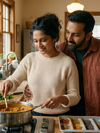 A South Asian couple in their early 40s cooking together in a warm kitchen. She is stirring something at the stove. He is behind her, chin near her shoulder, looking at the pot too — close, comfortable, not performing affection. They have clearly done this a thousand times and it still feels easy. Warm kitchen light, wooden surfaces, a few spices on the counter. The intimacy of an ordinary evening that has been recovered. Soft and real.