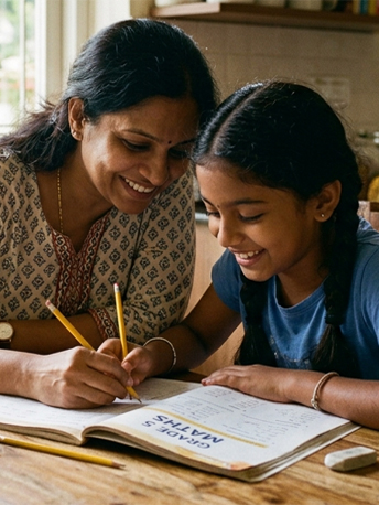 Immigrant mother, 40s - South Asian, East Asian, or Latina - sitting alone at a kitchen table at night, warm light. Tired, thoughtful.