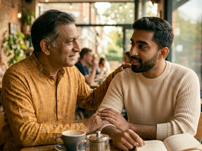 South Asian parent (50s) + young adult child (early 20s). Warm indoor light. Love and something complicated both present.