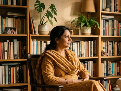 South Asian woman, 40s, seated. Thoughtful, composed. Carrying something. Warm natural light