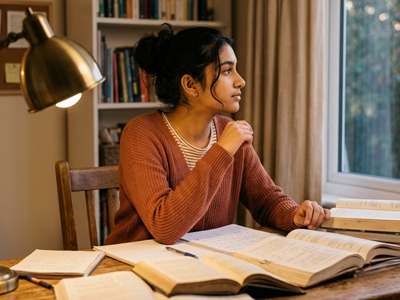 South Asian teenager at a desk, looking sideways, calm expression