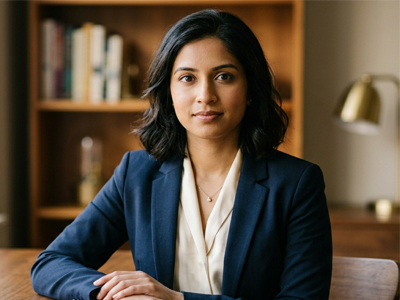 Professional headshot of an East Asian woman in her late 30s. Genuine warm expression — a person you would want to talk to. Seated near soft natural light, slightly blurred bookshelf behind her. Simple professional clothing in warm neutrals. Real, not stock. Present.