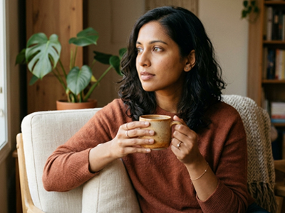 South Asian adult in a calm indoor setting, looking reflective