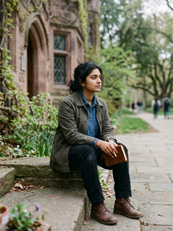Young adult seated outdoors, looking ahead — between one chapter and the next