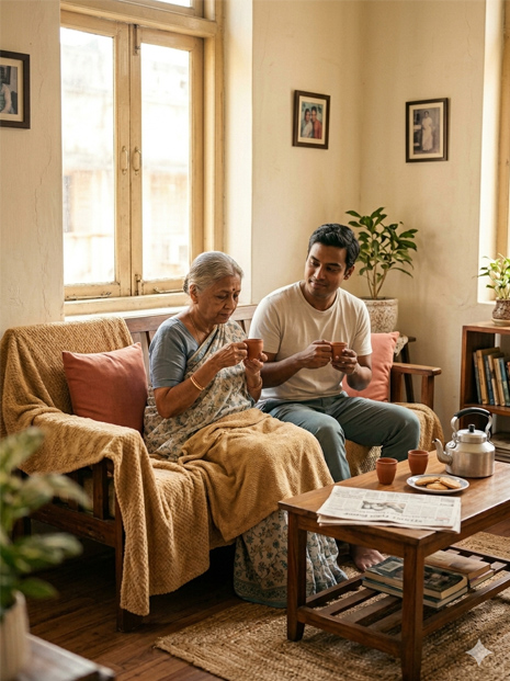 A multigenerational family moment of quiet warmth — intergenerational grief therapy at Leela Mental Health