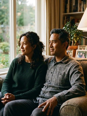 Two people seated together, proximate and quiet — navigating something together