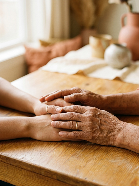 two-gereration-hands Two generations of hands resting together — the warmth of family connection, grief therapy at Leela Mental Health