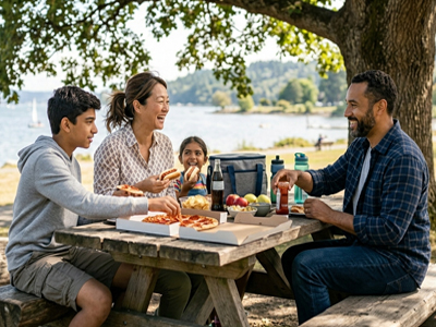 Couple and children of different ages at a kitchen table. Warm light. Not perfectly comfortable but trying.